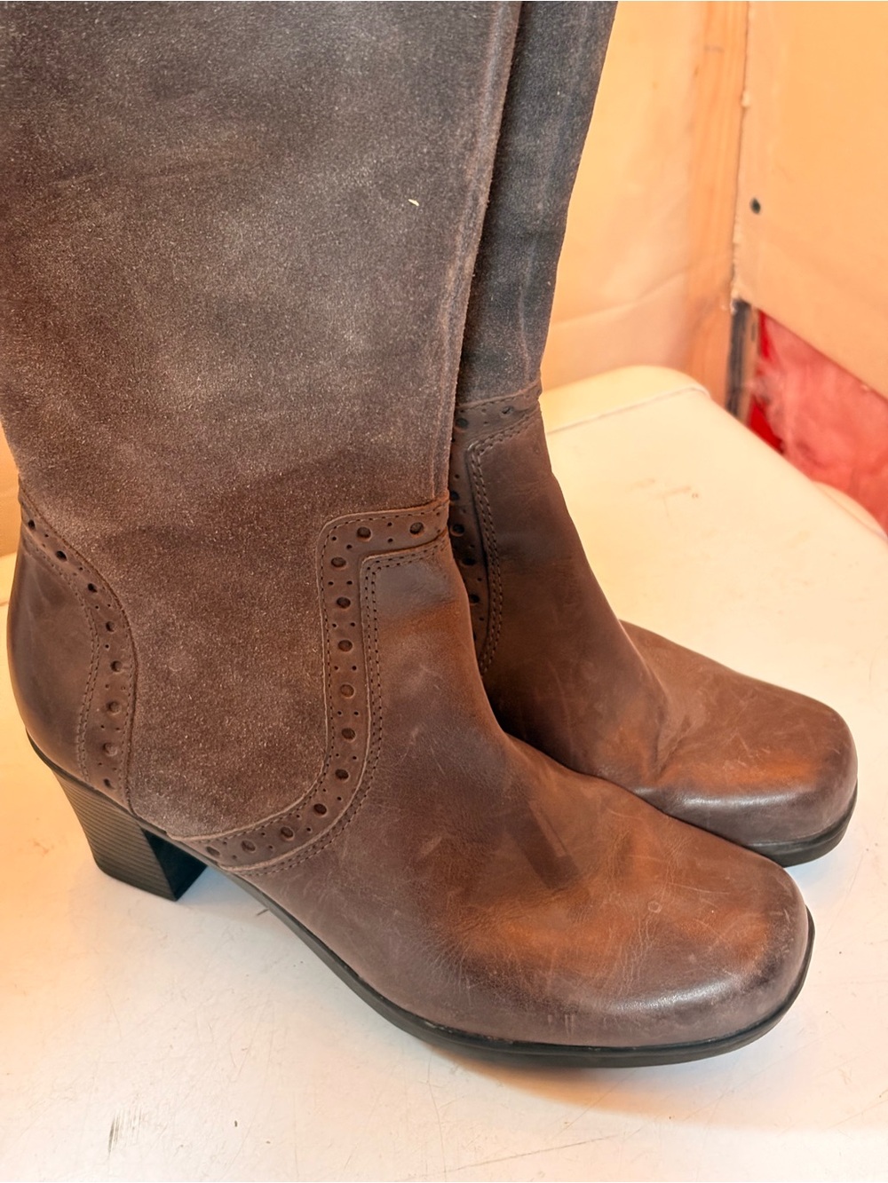 Clarks Brown Leather & Suede Mid-Calf Heeled Boots